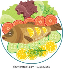 Dish with the baked fish. vector