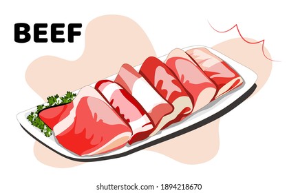 a dish of beef sliced on white background and text. Isolated close up vector illustration.