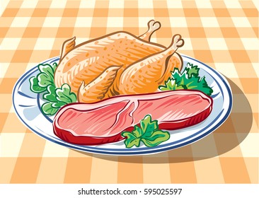 Dish with beef steak and chicken.