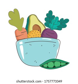 dish bowl avocado carrot lemon and peas fresh market organic healthy food with fruits and vegetables vector illustration