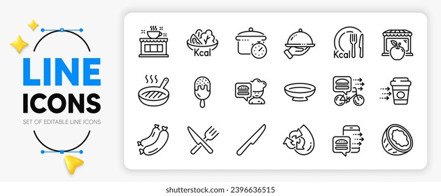 Dish, Calories and Boiling pan line icons set for app include Sausage, Food, Recycle water outline thin icon. Ice cream, Restaurant food, Table knife pictogram icon. Coffee delivery. Vector