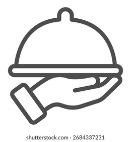 Prato com tampa em ícone de linha de mão, conceito de serviço de garçom. Gráficos vetoriais. Sinal de prato quente no fundo branco, ícone de estilo de contorno para design móvel ou web