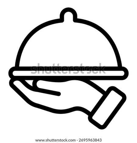 Dish with cap in hand line icon, waiter service concept. Vector graphics. Hot dish sign on white background, outline style icon for mobile or web design