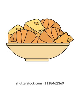 dish with cheese piece and bread