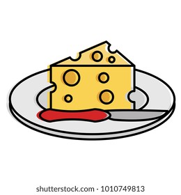 dish with cheese piece and knife