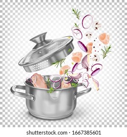 A dish of chicken, onions and vegetables is cooked in a stock pot. Ingredients for soup, stew. Vector 3d illustration. Healthy food, cooking recipe.