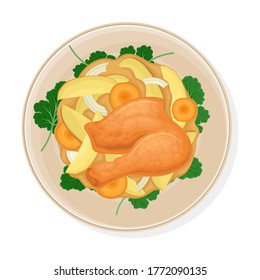 Dish of Chicken and Vegetable Gravy with Greenery Garnishing Vector Illustration