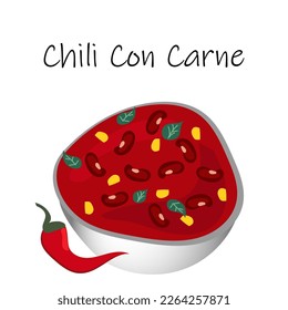 Dish with chili con carne, great design for any purpose. Vector illustration with plate on white background. Beans, corn, jalapeno and green leaves.