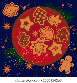 Dish with Christmas gingerbread with anise and cloves. Sweets and holiday treats. Flat style. Vector illustration.