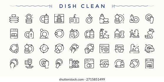 ícone Dish Clean definido. Ícones do aplicativo. Traçado editável. Coleção de vetores. Conjunto de ícones Higiene. Incluído lavagem, banho, casa, prato, utensílio e muito mais.