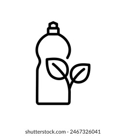 Botella de limpiador de platos con el icono de contorno de hojas. Símbolo de paquete biodegradable. Ilustración vectorial aislada 