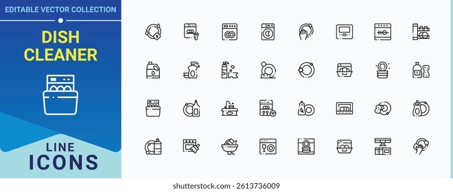 Dish Cleaner icon set. Includes symbols for wash, house, service, washing, hygiene, dish, bath and more. Dishwasher icon set. Modern thin line style icons. Editable stroke vector art.