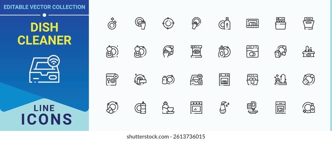 Dish Cleaner icon set. Includes symbols for wash, house, service, washing, hygiene, dish, bath and more. Dishwasher icon set. Modern thin line style icons. Editable stroke vector art.