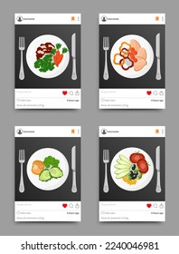 Dish collection, post with plate and fork with knife, likes and comments, vector illustration, isolated on grey
