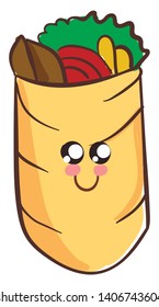 É um prato que consiste em fatias de cordeiro grelhado, frango, peru e envolto em pão pita com tahini ou hummus., vetor, desenho a cores ou ilustração. 