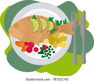 Dish containing fish with vegetables and cutlery.