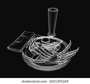 A dish of crab and assorted food sits beside a glass of beer on a black background. A book adds a literary touch to the composition. The black and white treatment creates a classic.
