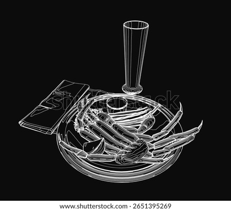 A dish of crab and assorted food sits beside a glass of beer on a black background. A book adds a literary touch to the composition. The black and white treatment creates a classic.