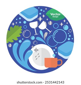 Plato taza tazón Copa de vino Burbuja Agua Gota Contenedor Hoja de arroz Verde Azul Brillo Tableta Lavavajillas Lavavajillas Concepto limpio Diseño Elemento aislado Vector