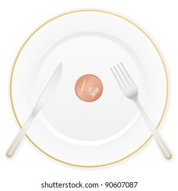 Dish with cutlery and 1 euro cent coin. Vector illustration.