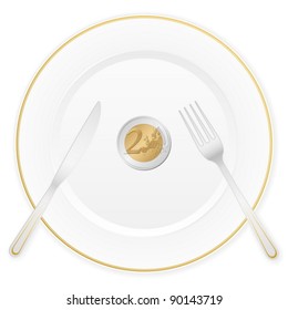 Dish with cutlery and 2 euro coin. Vector illustration.