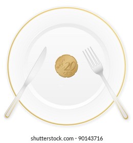 Dish with cutlery and 20 euro cent coin. Vector illustration.
