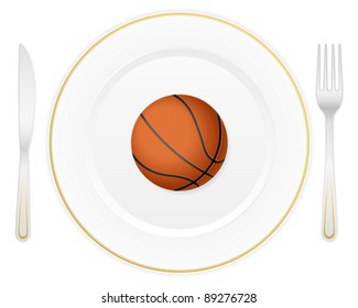 Dish with cutlery and basketball ball. Vector illustration.