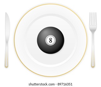 Dish with cutlery and billiards ball. Vector illustration.