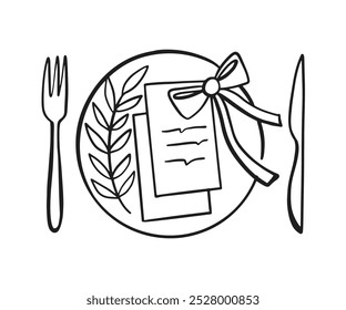 Plato y Cubiertos de Dibujo. Placa de vajilla de la cena Boceto Boda Decoración Esquema Doodle Icon. Elemento de diseño de logotipo de restaurante. Forma de Ilustración vectorial aislada en blanco. Estilo de Antiguas