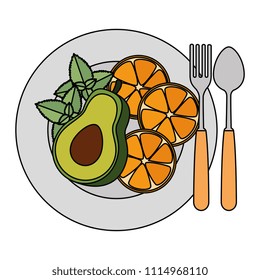 dish and cutlery with fruits and vegetables