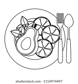 dish and cutlery with fruits and vegetables
