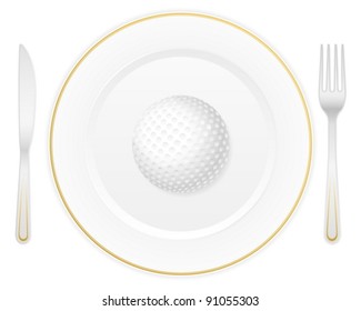 Dish with cutlery and golf ball. Vector illustration.