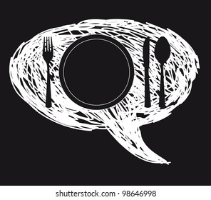 dish and cutlery over thought bubbles, black and white. vector