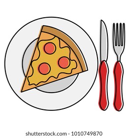 dish and cutlery with pizza