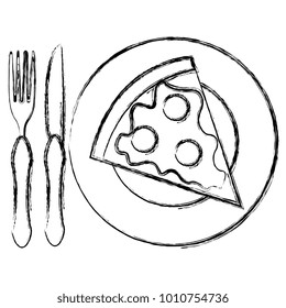 dish and cutlery with pizza