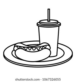 dish with delicious hot dog and soda