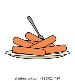 dish with delicious sausages and fork