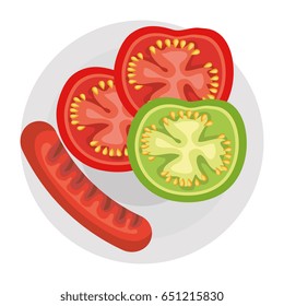 dish with delicious sausages and tomato