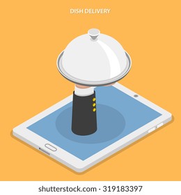 Dish delivery flat isometric vector illustration. Hand of water with dish appeared from laying tablet.