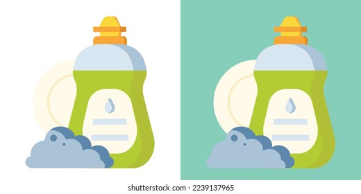 Dish detergent, dish detergent sponge, plates detergent foam, dish washing liquid bottle and sponge, kitchen tools, cleaning services logo, set of dish detergent vector illustration