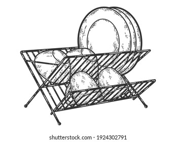 Dish drainer. Sketch scratch board imitation. Black and white.