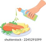 Dish dressing with oil bottle. Fish with vegetables on plate isolated on white background