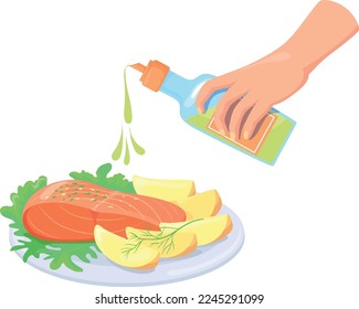 Dish dressing with oil bottle. Fish with vegetables on plate isolated on white background