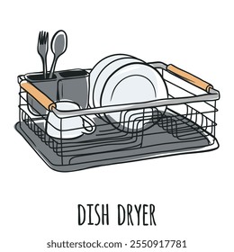 Dish Dryer Isolated Vector Hand Drawn