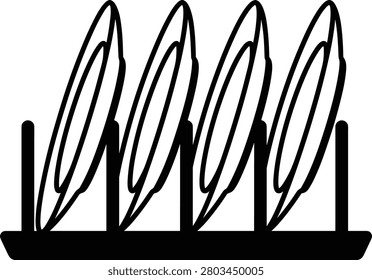 Dish drying rack icon, kitchen plates standing on holder stand, household ceramic tableware drying, isolated linear graphic illustration