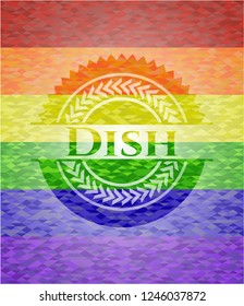 Dish emblem on mosaic background with the colors of the LGBT flag