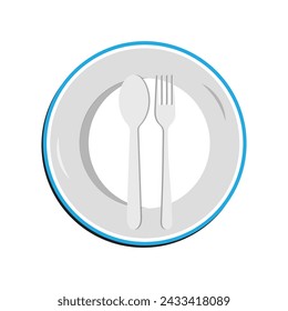 Dish, Empty plate with knife and fork  isolated on a white background. Plate circle icon with long shadow. Flat design style.