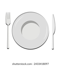 Dish, Empty plate with knife and fork  isolated on a white background. Plate circle icon with long shadow. Flat design style.