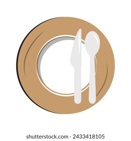 Dish, Empty plate with knife and fork  isolated on a white background. Plate circle icon with long shadow. Flat design style.