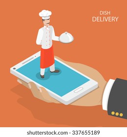 Dish fast delivery flat isometric vector concept.  Mans hand takes a mobile phone with chef on it, that holds the dish on his hand. Food delivery service.